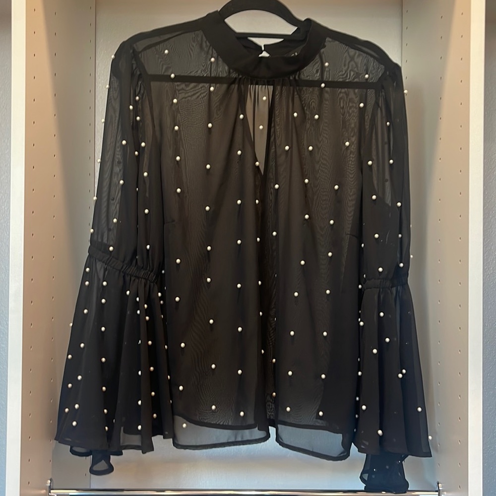 Simply Gorgeous Black Chiffon Blouse w/Pearls!
